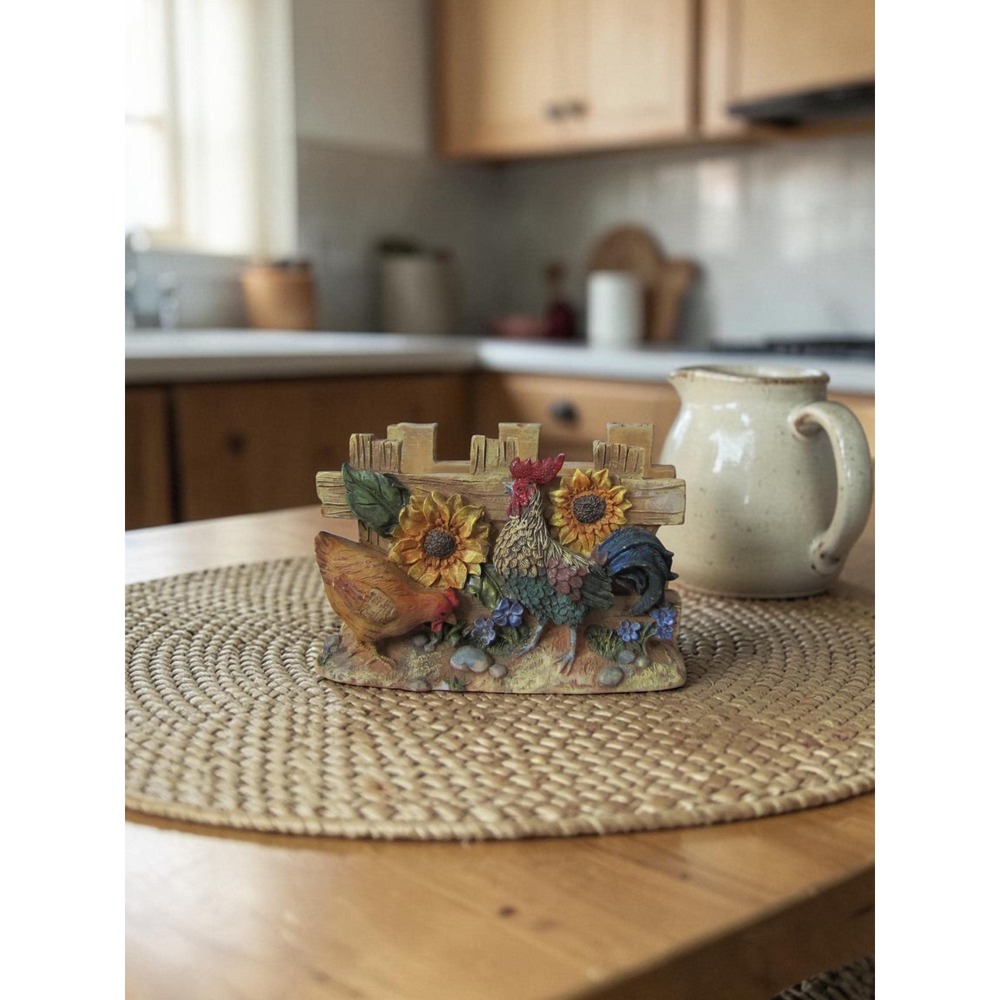 Vintage French Style Resin Rooster & Chicken Napkin Holder / Letter Stand
